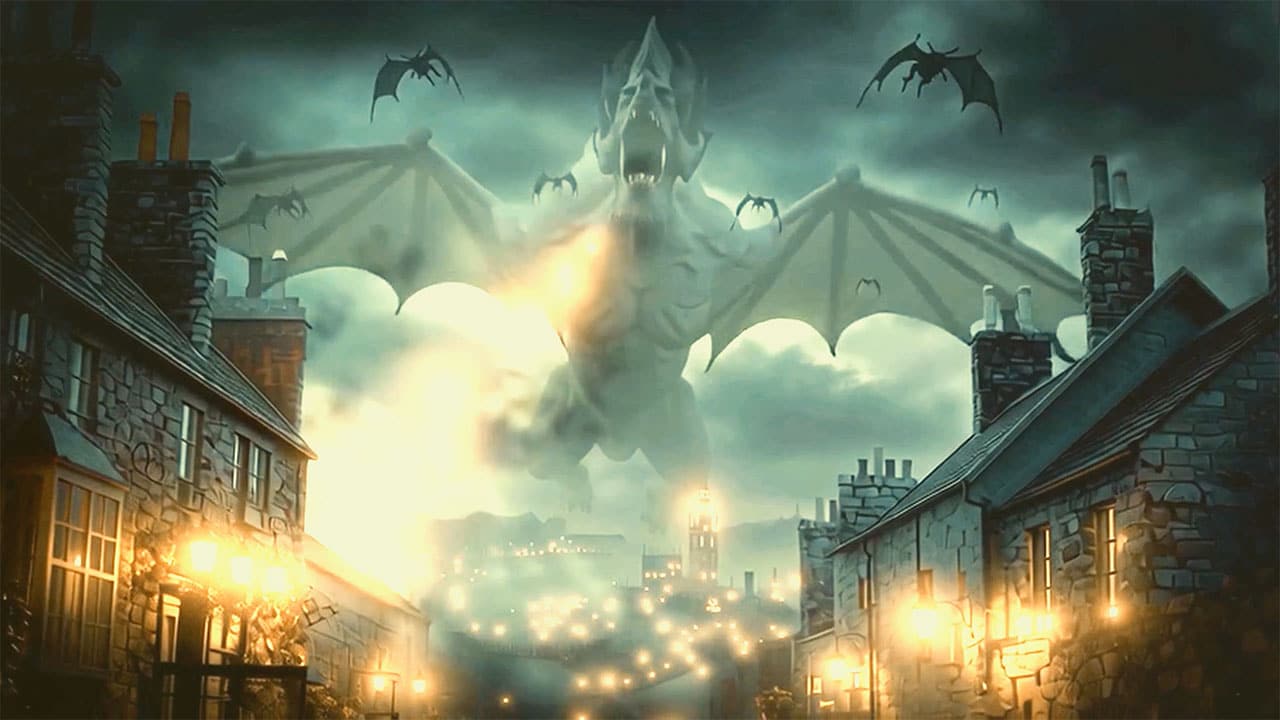 Demon breathing fire over village