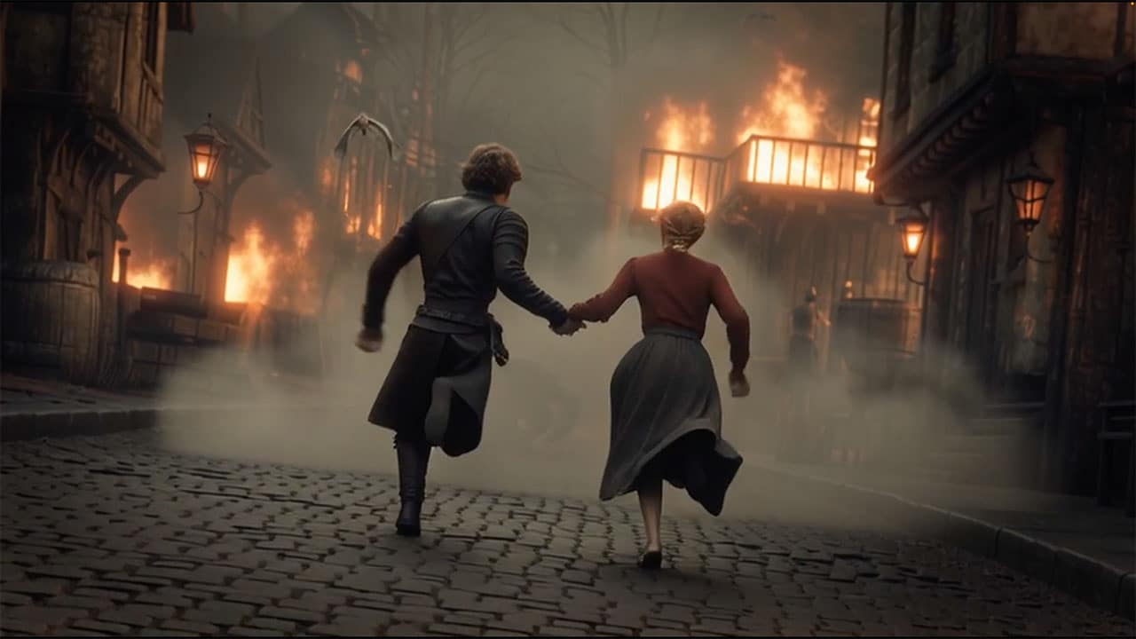Struan and Isla holding hands running down burning street