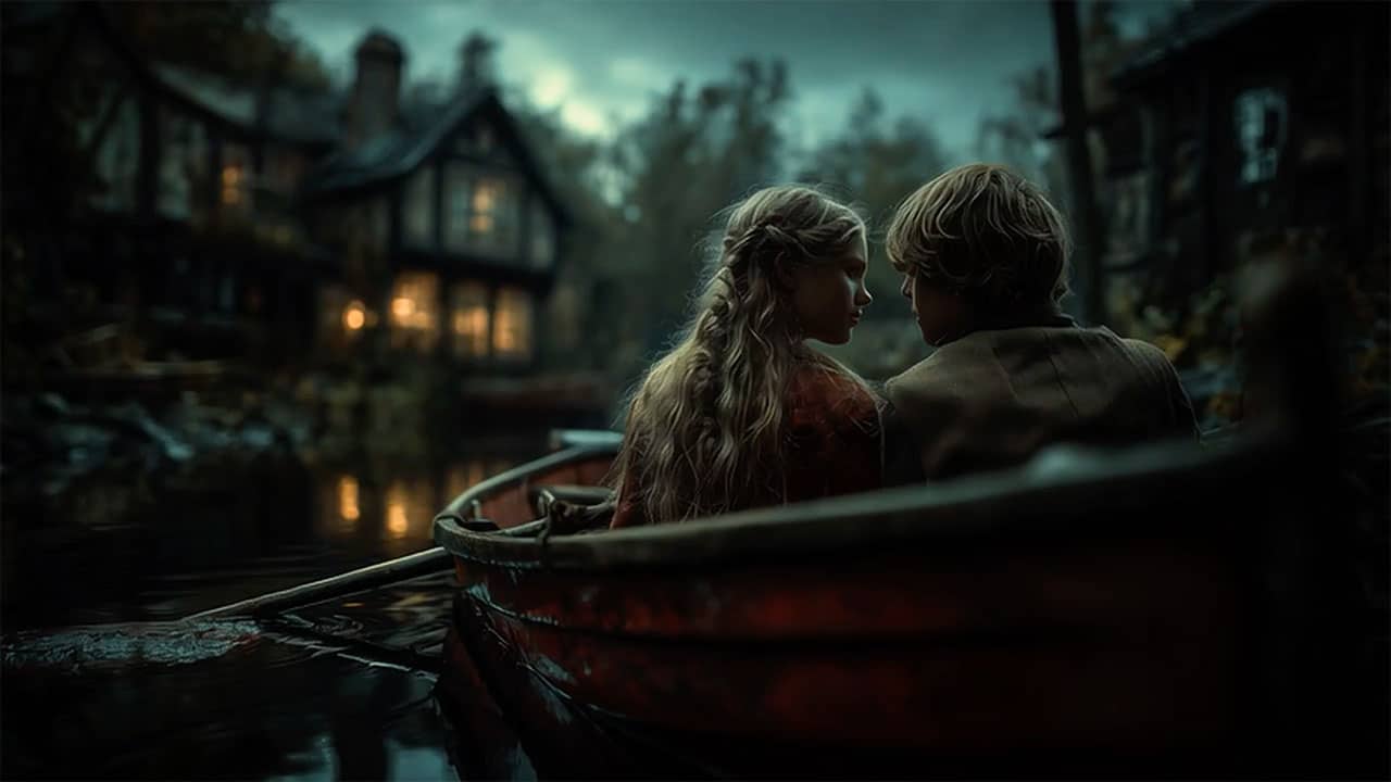 Struan and Isla as teenagers look at each other in boat