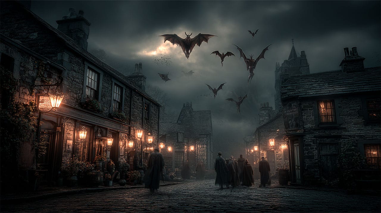Winged demons above the village at night
